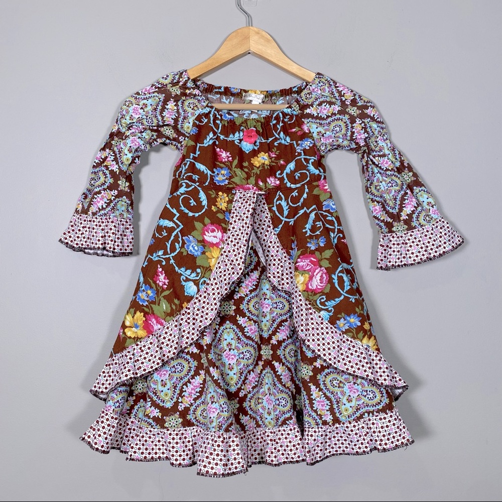 Boutique brown and pink floral long belle sleeve flowy dress size 5